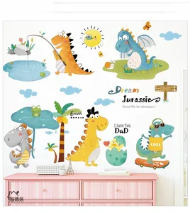 Detail of cute cartoon dinosaur wall decals featuring Tyrannosaurus and palm trees on wall