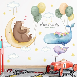 Cartoon whale moon and stars wall stickers for kids bedroom decor with nice day quote
