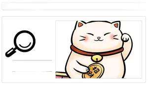 Detail showing cartoon Maneki-neko sticker with golden bell and coin for shop window decoration