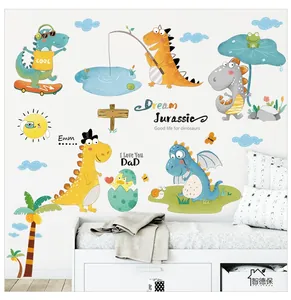 Nursery wall stickers featuring cute cartoon dinosaurs skating and dreaming of Jurassic