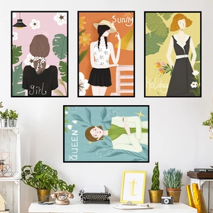 Moderne Mode Mädchen Illustration Wandtattoos Nordischen Stil PVC Selbstklebende Dekorative Poster Für Schlafzimmer Wohnkultur