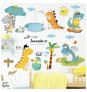 Cartoon dinosaur wall stickers on white bedroom wall with yellow bedding and palm trees