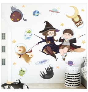 Detail of magical space wizard wall decals with astronaut animals and planets for kids room