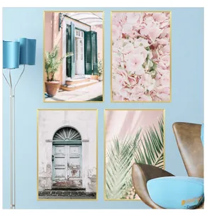 Detail of four-piece Nordic wall art set featuring floral and architectural themes