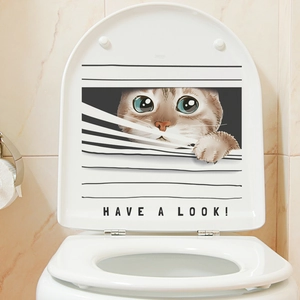 Funny 3D cat peeking from blinds toilet lid sticker with Have A Look text for bathroom