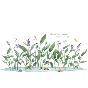 Pastoral wall decal with purple flowers, green leaves and dragonflies on white backdrop