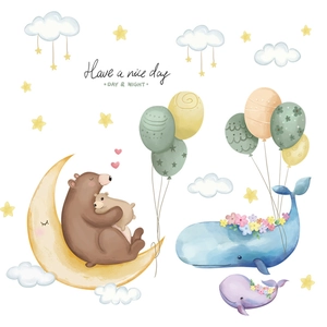 Cartoon wall stickers with watercolor bear, whale, moon and stars for kids room decor