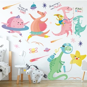 Stickers muraux dinosaures de l'espace pour chambre enfant avec planètes et étoiles