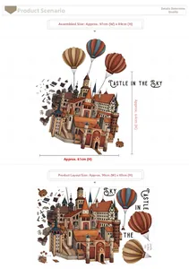 Detailed dimensions of hot air balloon and castle wall stickers for children's rooms