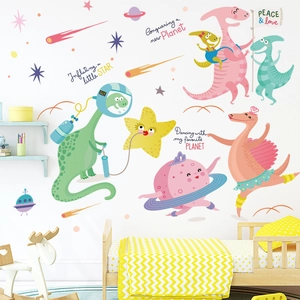 Stickers muraux dinosaures de l'espace avec planètes et étoiles pour chambre d'enfant