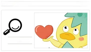Detail of cute yellow cartoon duck wall sticker holding a red heart and leaf hat