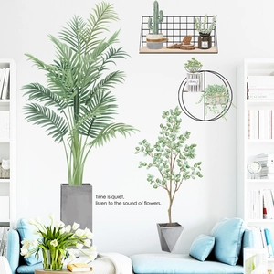 Tropical green leaf wall decals with Nordic style potted plants for living room decor