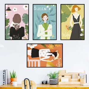 Minimalistisches Wandbild-Set mit vier stilvollen Mädchen-Illustrationen und schwarzem Rahmen