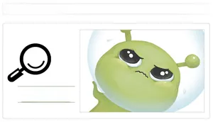 Detail of green alien wall sticker with large eyes and hand-painted matte texture