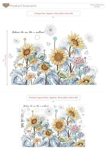 Details zu selbstklebenden Sonnenblumen-Wandstickern und Maßen für Heimdekoration