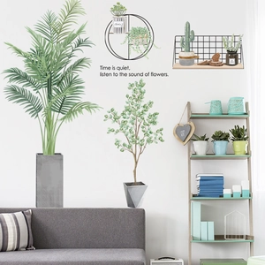 Tropical green plants wall stickers with palm leaves and quiet time quote for home decor