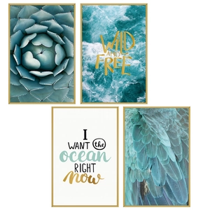 Modern self-adhesive wall art set featuring succulents, blue feathers and ocean waves