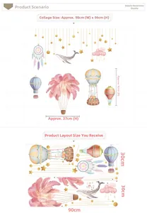 Détail de stickers muraux montgolfière à plumes roses pour décoration de chambre fille