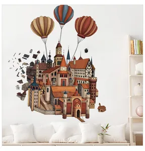 Detailed wall sticker featuring a hand-drawn hot air balloon and castle in a nursery