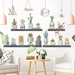 Potted plants and succulents wall stickers with Nature text for modern living room decor