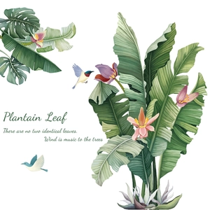 Waterproof tropical plantain leaf wall decals with birds and watercolor flowers
