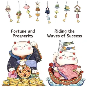Japanese Maneki Neko wall decals with kimonos, treasure ship and colorful koi windsocks