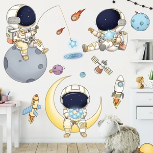 Astronaut Space Wall Sticker PVC Waterproof Cartoon Rocket Planet Decal For Kids Room Nursery Bedroom Home Decoration