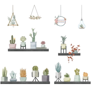 Nordic watercolor succulent plant wall stickers with geometric hanging pot decorations
