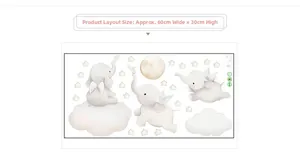 Detailed sheet showing 60x30cm layout of elephant, moon, and stars nursery wall stickers