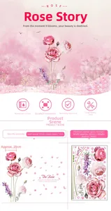 Vue macro de stickers muraux roses montrant les dimensions 145x113cm et détails floraux