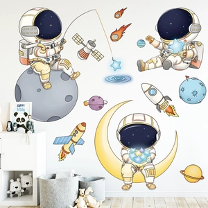 Cartoon astronaut wall stickers with rockets and planets for kids room decor