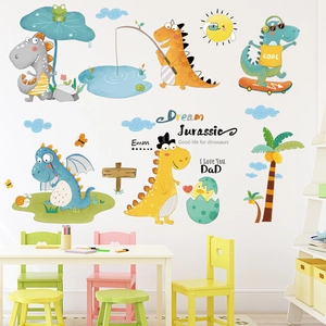 Cartoon dinosaur wall stickers with sun and trees for kids nursery decor
