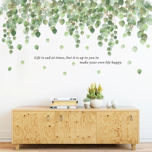 Fresh green hanging leaves wall decal with inspirational life quotes for home decoration