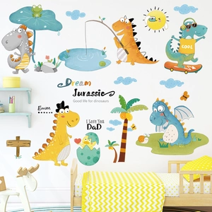 Cartoon dinosaur wall decals featuring colorful Jurassic landscape for kids' bedrooms
