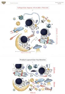 Detailed sheet showing cartoon astronaut wall stickers with moon and rocket dimensions