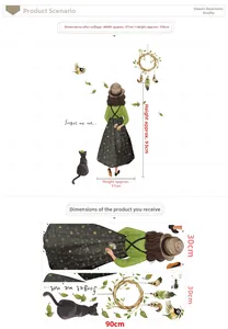 Détail du stickers mural fille et plantes montrant la taille de mise en page 2pcs 30x90cm