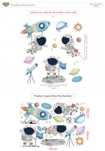 Detailed astronaut wall sticker set showing rocket, planets and 90x89cm layout dimensions