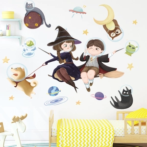 Space wizard and puppy wall decals for nursery room decoration with magical stars