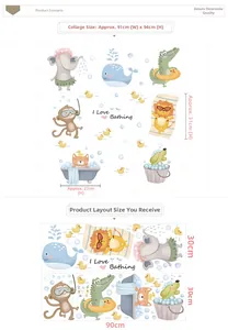 Waterproof PVC wall decals featuring bathing cartoon animals with size layout details