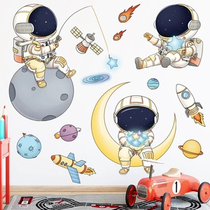 Cartoon astronaut wall stickers with rocket and moon decals for kids room decor