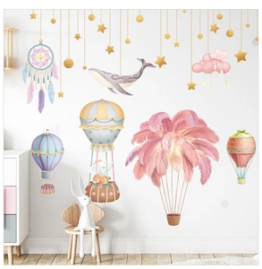 Détails de stickers muraux montgolfière en plumes roses et attrape-rêves pour enfant