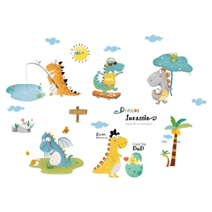 Cartoon dinosaur wall stickers set featuring skateboarding and fishing for kids room