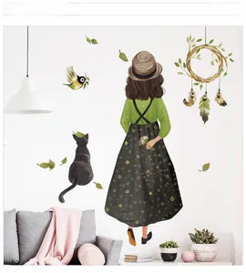 Détail du sticker mural illustration fille avec chat noir et texte artistique décoratif