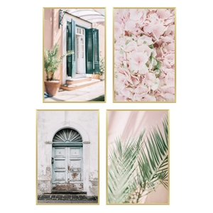 Set of 4 minimalist gold framed wall art featuring European architecture and pink flowers