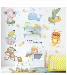 Close-up of waterproof animal wall stickers with elephant and whale bathing theme