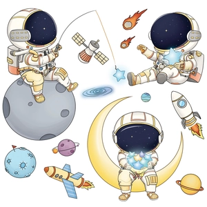 Cute cartoon astronaut wall stickers set with rockets and planets for kids room decor