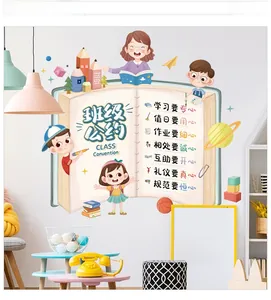 Cartoon classroom wall sticker featuring class rules and student character illustrations