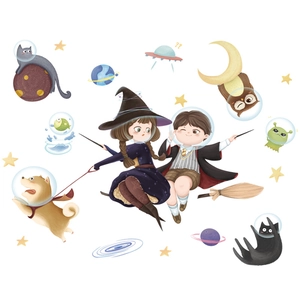 Wizard theme wall stickers for kids room featuring cartoon characters and space motifs