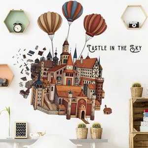 Cartoon Hot Air Balloon Castle Wall Sticker Castle In The Sky PVC Waterproof Removable Decal For Kids Room Nursery Home Decor