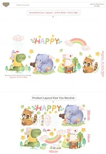 Cartoon animal wall decals with elephant and dinosaur, layout 129x54cm final size